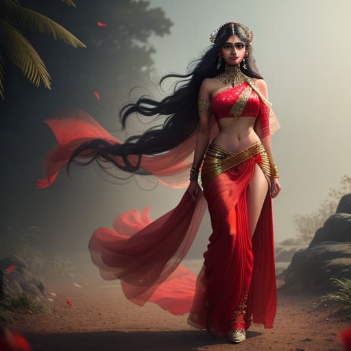  era I want a picture of an Indian girl wearing a red sari and with long hair hyperrealistic, full body, detailed clothing, highly detailed, cinematic lighting, stunningly beautiful, intricate, sharp focus, f/1. 8, 85mm, (centered image composition), (professionally color graded), ((bright soft diffused light)), volumetric fog, trending on instagram, trending on tumblr, HDR 4K, 8K