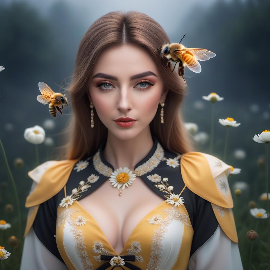  Bees fly around a big chamomile against a field of field flowers of poppy bells nearby, a girl sniffs a flower nearby.Style Realism hyperrealistic, full body, detailed clothing, highly detailed, cinematic lighting, stunningly beautiful, intricate, sharp focus, f/1. 8, 85mm, (centered image composition), (professionally color graded), ((bright soft diffused light)), volumetric fog, trending on instagram, trending on tumblr, HDR 4K, 8K