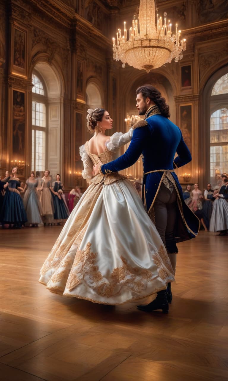  A young perky couple moves in a fast dance, in Baroque and Renaissance clothes on the parquet of a large hall with high ceilings, a man circles his partner, taking her in his arms. Around the guests are chatting and admiring this couple. The focus is on the couple's faces and hands. hyperrealistic, full body, detailed clothing, highly detailed, cinematic lighting, stunningly beautiful, intricate, sharp focus, f/1. 8, 85mm, (centered image composition), (professionally color graded), ((bright soft diffused light)), volumetric fog, trending on instagram, trending on tumblr, HDR 4K, 8K