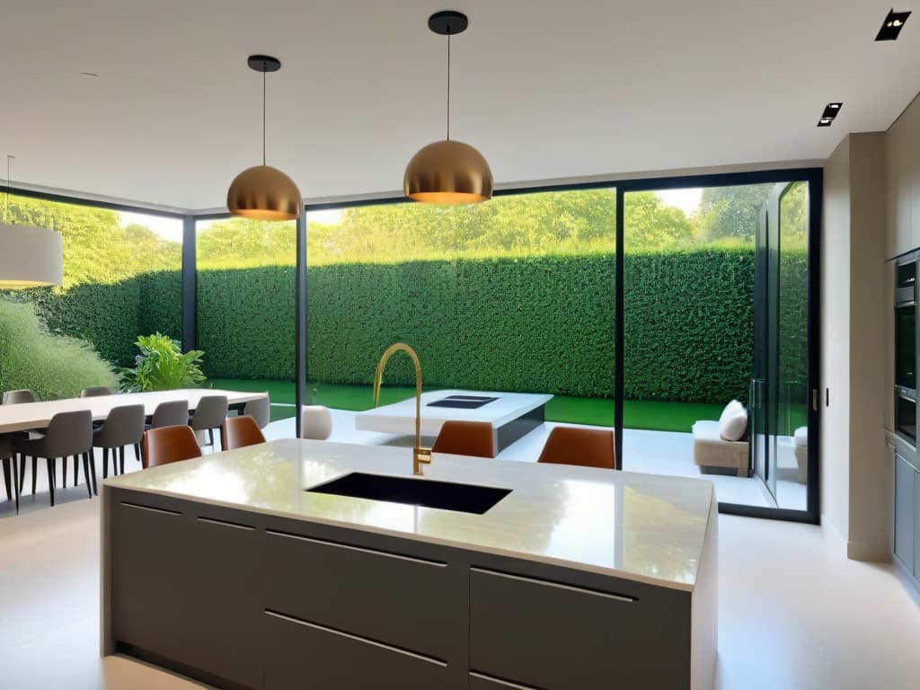  A minimalist, ultradetailed image of a serene kitchen retreat with sleek, modern design elements such as a marble countertop, minimalist pendant lights, and a panoramic view of lush greenery through floortoceiling windows. The kitchen is immaculately organized with highend appliances, fresh herbs on the windowsill, and a beautifully set dining table with elegant tableware. The color scheme is a soothing blend of soft neutrals and earth tones, creating a harmonious and inviting space perfect for a culinary getaway. hyperrealistic, full body, detailed clothing, highly detailed, cinematic lighting, stunningly beautiful, intricate, sharp focus, f/1. 8, 85mm, (centered image composition), (professionally color graded), ((bright soft diffused light)), volumetric fog, trending on instagram, trending on tumblr, HDR 4K, 8K