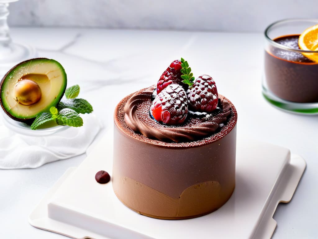  An ultradetailed image of a decadent chocolate avocado mousse topped with fresh raspberries, a sprinkle of cocoa powder, and a mint leaf garnish, all elegantly presented in a transparent glass dessert cup on a sleek white marble countertop. The rich, creamy texture of the mousse glistens under soft lighting, highlighting the natural ingredients used in this sugarfree dessert. hyperrealistic, full body, detailed clothing, highly detailed, cinematic lighting, stunningly beautiful, intricate, sharp focus, f/1. 8, 85mm, (centered image composition), (professionally color graded), ((bright soft diffused light)), volumetric fog, trending on instagram, trending on tumblr, HDR 4K, 8K