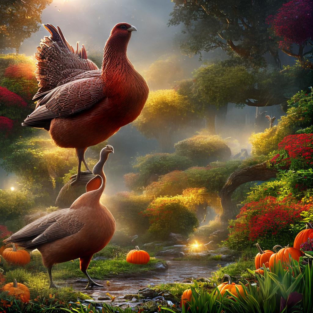  An exquisite Thanksgiving card, meticulously crafted to showcase the beauty of autumn. The main subject is a (graceful turkey) standing proudly in a (lush and colorful garden). The garden is filled with (abundant harvest fruits and vegetables), such as (ripe pumpkins), (ripe apples), and (bushels of corn). The scene is bathed in (warm sunlight), creating a serene and inviting atmosphere. hyperrealistic, full body, detailed clothing, highly detailed, cinematic lighting, stunningly beautiful, intricate, sharp focus, f/1. 8, 85mm, (centered image composition), (professionally color graded), ((bright soft diffused light)), volumetric fog, trending on instagram, trending on tumblr, HDR 4K, 8K