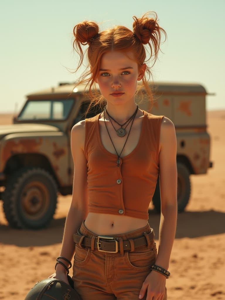  capture an editorial photography session featuring a redhead age girl, aged between 13 and 15, styled in a post apocalyptic movie theme reminiscent of mad max. she sports double buns and gles, enhancing her youthful yet rugged look. dressed in desert warm tones with a sandy color (rgb: 210,180,140) and a complementary terracotta (rgb: 178, 76, 34), she stands confidently in a vast, arid desert landscape. her outfit is completed with combat boots, and she intriguingly holds a pilot helmet. the background features a rusty small vehicle, blurred to emphasize the tense, cinematic atmosphere of a war torn setting. three views are presented: front, side, and back, captured on cinestill 800t film grain, adding a dramatic touch to t