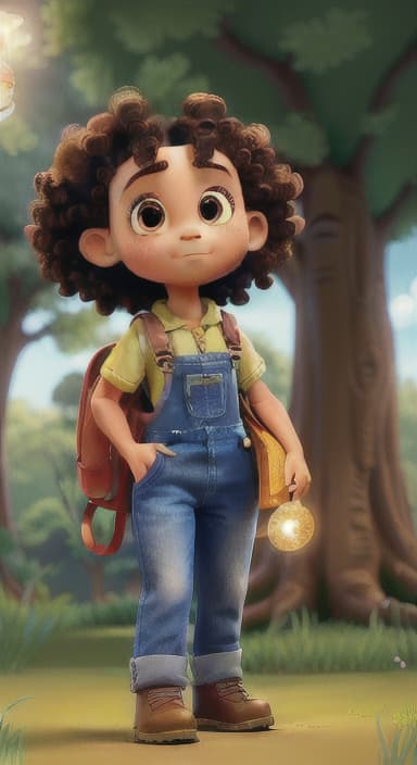  {The tree shining brightly and releasing a gentle, magical light., Riley, a curious with big brown eyes and curly hair, wearing overalls and carrying a small backpack. Their friend, Skye, a bluebird with shiny feathers.