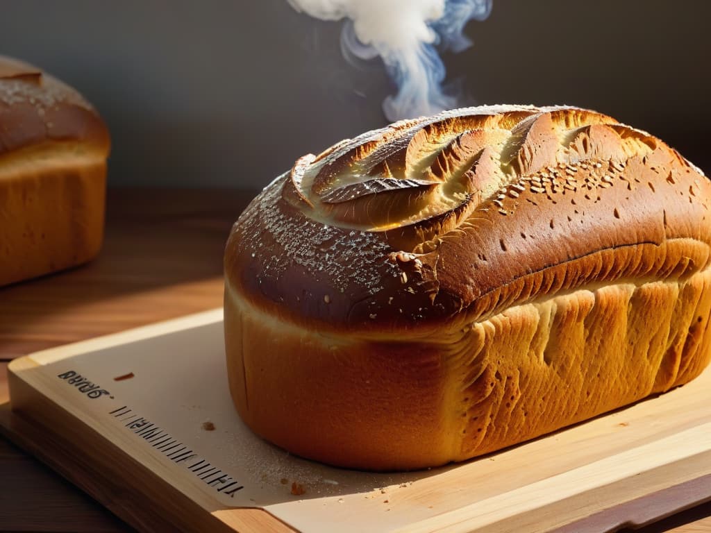  A closeup, ultradetailed image of a perfectly goldenbrown glutenfree loaf of bread, freshly baked and steaming, with a perfectly cracked crust that reveals a soft, pillowy interior filled with air pockets. The lighting is warm and natural, emphasizing the texture and color of the bread, while a light dusting of flour adds a rustic touch to the scene. hyperrealistic, full body, detailed clothing, highly detailed, cinematic lighting, stunningly beautiful, intricate, sharp focus, f/1. 8, 85mm, (centered image composition), (professionally color graded), ((bright soft diffused light)), volumetric fog, trending on instagram, trending on tumblr, HDR 4K, 8K