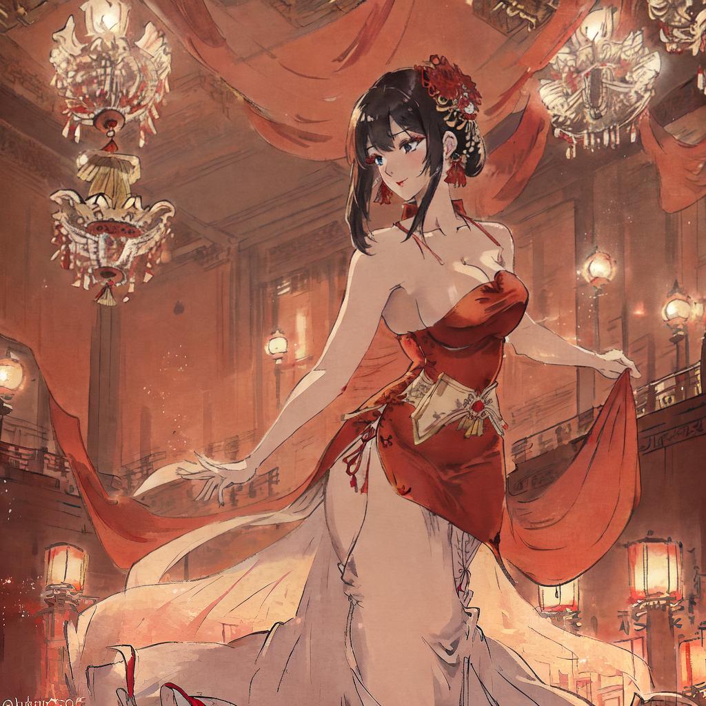  ((Masterpiece)), (((best quality))), 8k, high detailed, ultra-detailed. A captivatingly gorgeous Japanese supermodel, wearing an elegant ((red silk dress))), passionately dancing the ((traditional fan dance))), in a ((glittering ballroom))), illuminated by a ((dazzling chandelier))), radiating an aura of timeless elegance. hyperrealistic, full body, detailed clothing, highly detailed, cinematic lighting, stunningly beautiful, intricate, sharp focus, f/1. 8, 85mm, (centered image composition), (professionally color graded), ((bright soft diffused light)), volumetric fog, trending on instagram, trending on tumblr, HDR 4K, 8K