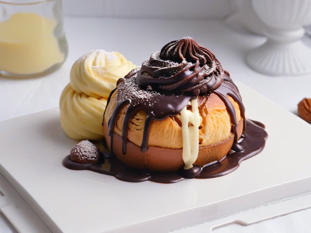  A closeup, ultradetailed image of a perfectly goldenbrown profiterole filled with a light and creamy vanilla bean custard, topped with a delicate drizzle of dark chocolate ganache, all resting on a pristine white porcelain plate, capturing the intricate textures and glossy finishes of this delectable French pastry. hyperrealistic, full body, detailed clothing, highly detailed, cinematic lighting, stunningly beautiful, intricate, sharp focus, f/1. 8, 85mm, (centered image composition), (professionally color graded), ((bright soft diffused light)), volumetric fog, trending on instagram, trending on tumblr, HDR 4K, 8K