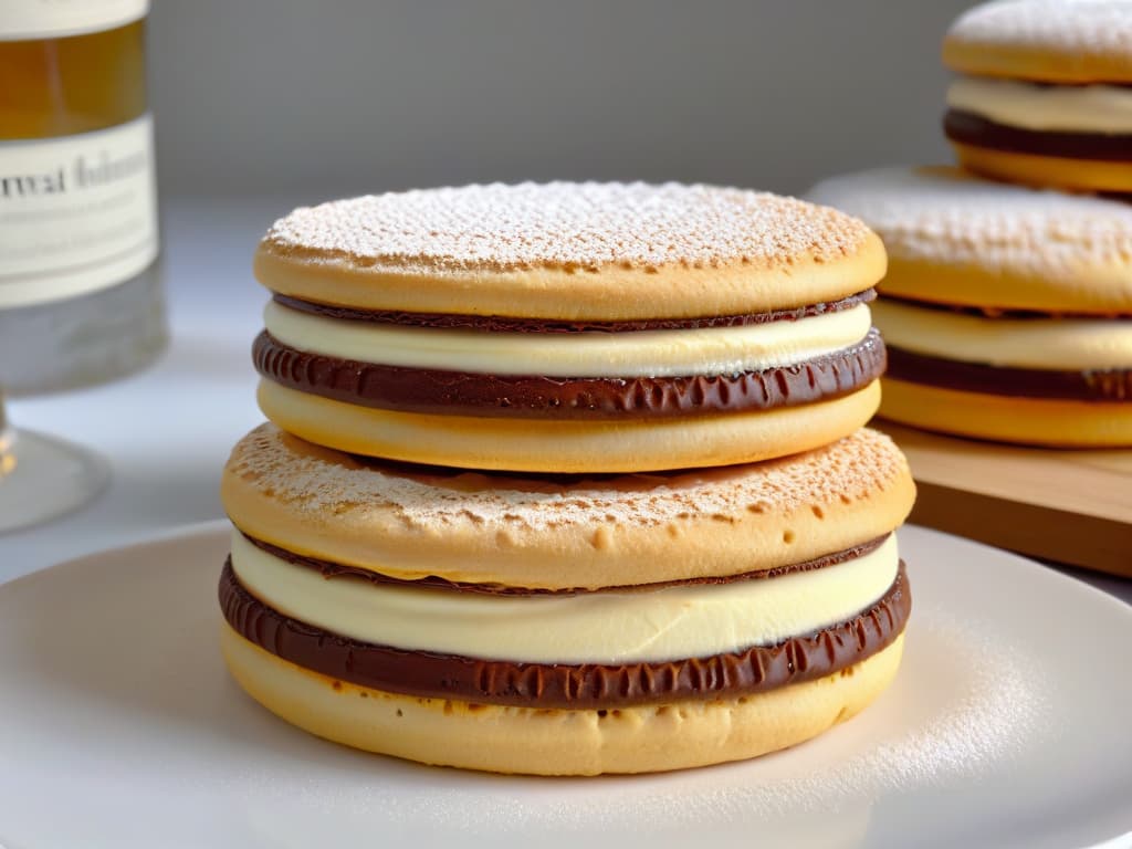  An ultradetailed closeup image of a traditional Alfajor from Buenos Aires, showcasing its delicate layers of dulce de leche sandwiched between two crumbly cookies, dusted with a light sprinkle of powdered sugar. The image captures the intricate textures and rich golden tones of the dessert, emphasizing the craftsmanship and indulgent experience of enjoying a classic Argentine treat. hyperrealistic, full body, detailed clothing, highly detailed, cinematic lighting, stunningly beautiful, intricate, sharp focus, f/1. 8, 85mm, (centered image composition), (professionally color graded), ((bright soft diffused light)), volumetric fog, trending on instagram, trending on tumblr, HDR 4K, 8K