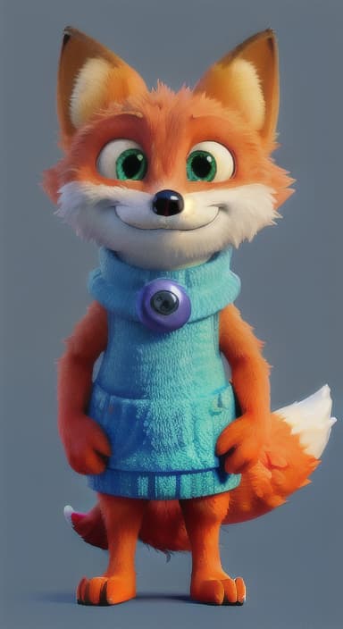  {Error the fox pressing the blue button with his paw, looking puzzled as nothing occurs., Error is a small, bright orange fox with a fluffy tail and big, inquisitive eyes. He has a mischievous yet kind expression and wears a tiny green scarf.