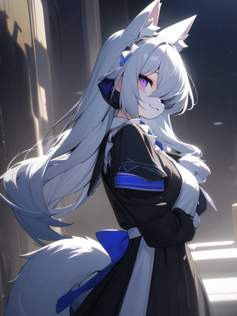  ultra detailed:1.2,masterpiece:1.2,best quality,masterpiece,bestquality,hdr:1.1,8k:1.1,very cute :1.3,fox ears:1.3,(silver fox ,furry:1.8),silver hair:1.3,long hair:1.2,hair over one eye:1.2,purple eyes:1.2, smile:1.1,:3,1.3,maid:1.3,face close up:1.4,face focus:1.4,from side:1.3,cowboy shot:1.5,maid headdress:1.2, masterpiece, best quality,8k,ultra detailed,high resolution,an extremely delicate and beautiful,hyper detail