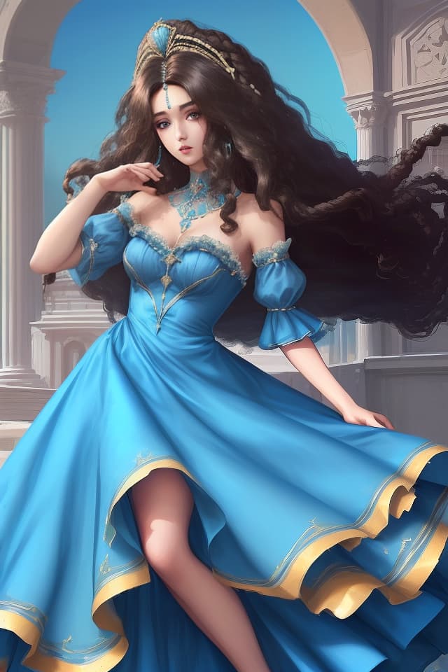  ((Long Hair Afro Hair))) beautiful Brunette) (Beautiful Girl) (Blue Dress) Masterpiece, High Quality, 8k