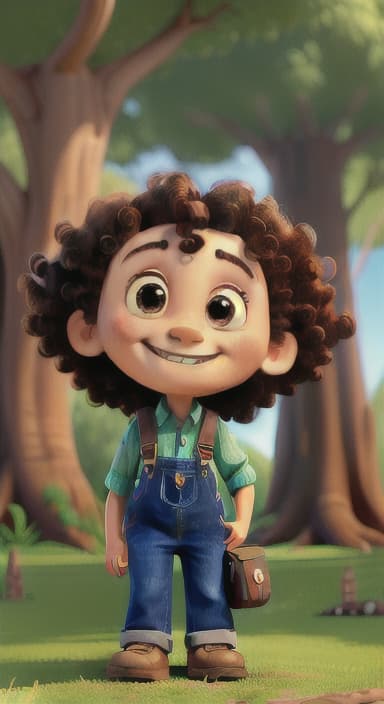  {The tree with a smiling face formed by its bark, looking down at Riley., Riley, a curious with big brown eyes and curly hair, wearing overalls and carrying a small backpack. Their friend, Skye, a bluebird with shiny feathers.