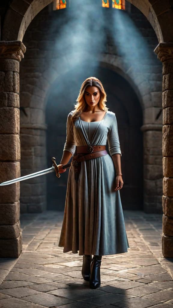  (A dimly lit medieval castle interior, with stone walls and high ceilings. In the center of the frame, a young woman in a simple dress stands, her expression solemn and determined, holding a sword in her hands. She appears to be preparing for a confrontation or battle.) hyperrealistic, full body, detailed clothing, highly detailed, cinematic lighting, stunningly beautiful, intricate, sharp focus, f/1. 8, 85mm, (centered image composition), (professionally color graded), ((bright soft diffused light)), volumetric fog, trending on instagram, trending on tumblr, HDR 4K, 8K