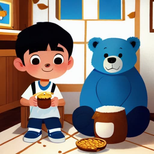  a boy with black short hair, white shirt, blue jeans is standing, the bear is sitting and eating honey, in a dimly lit cabin.