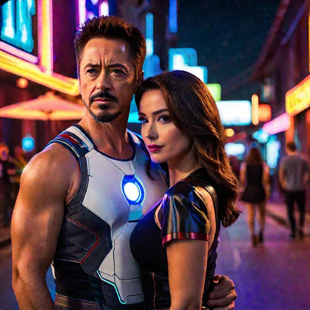  couple of a man and a woman posing together at the night street, neon lighting. man: tony stark, marvel cinematic universe, male, human, protagonist, superhero, leader, survivor, father, husband, skilled fighter, resourceful, determined, brave, confident and woman: young woman, brunette hair, brown eyes, she has a scar on the right cheek, confident, powerful, badass, happy,, mother, avenger, main character, wearing a feminine suit. apocalyptic world, post-apocalyptic, main character, raw photo, (high detailed skin:1.2), 8k uhd, dslr, soft lighting, high quality, film grain, fujifilm xt3, portrait, 85mm, f2.0, light, ultra realistic,, portrait, 85mm, f2.0, light, ultra realistic, 8k, fm2.0, cinema4d, joyful and romantic atmosphere, cute hyperrealistic, full body, detailed clothing, highly detailed, cinematic lighting, stunningly beautiful, intricate, sharp focus, f/1. 8, 85mm, (centered image composition), (professionally color graded), ((bright soft diffused light)), volumetric fog, trending on instagram, trending on tumblr, HDR 4K, 8K
