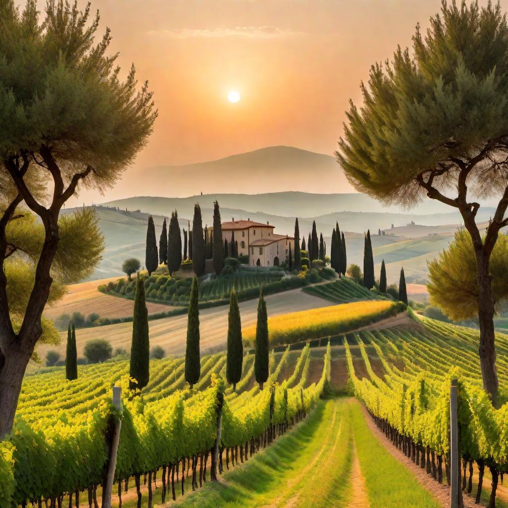  A picturesque Italian landscape with rolling hills of Tuscany, featuring vineyards, charming rustic villas, and cypress trees under a warm sunset. This evocative scene should capture the romantic and timeless vibe of a beautiful Italian song. hyperrealistic, full body, detailed clothing, highly detailed, cinematic lighting, stunningly beautiful, intricate, sharp focus, f/1. 8, 85mm, (centered image composition), (professionally color graded), ((bright soft diffused light)), volumetric fog, trending on instagram, trending on tumblr, HDR 4K, 8K