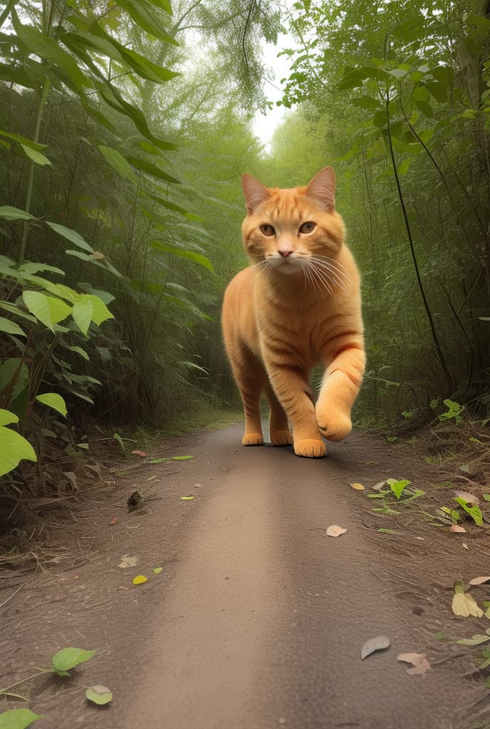  an orange cat walking in a forest on a rainy day , ADVERTISING PHOTO,high quality, good proportion, masterpiece , The image is captured with an 8k camera