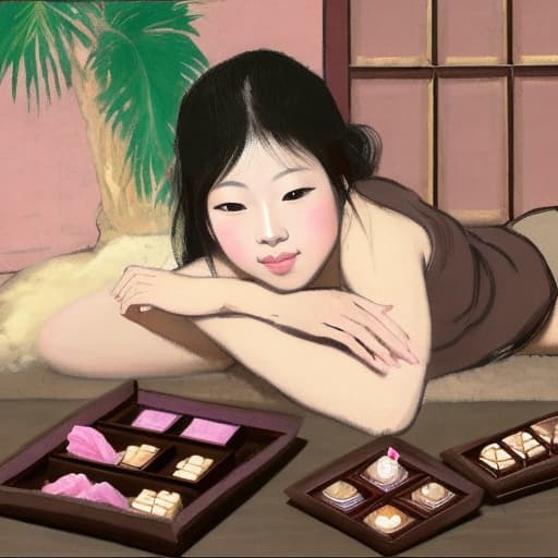  Attractive Beautiful young Asian reclining with moist pink open lips. Forground is plates of fine dark chocolates. Background is a Asian palace. Painting style of Edgar Degas