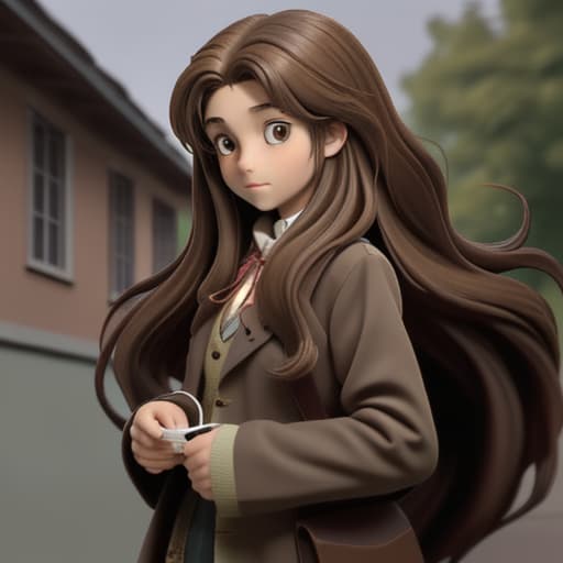  A girl with long brown hair in the style of a writer.