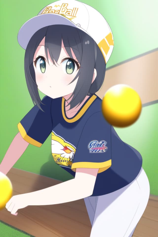  A cute black hair beautiful girl with Cecil Cut, who wears a bass ball shirt from Revolution Ee's Fukuoka Softbank Hawks and wears a baball cap