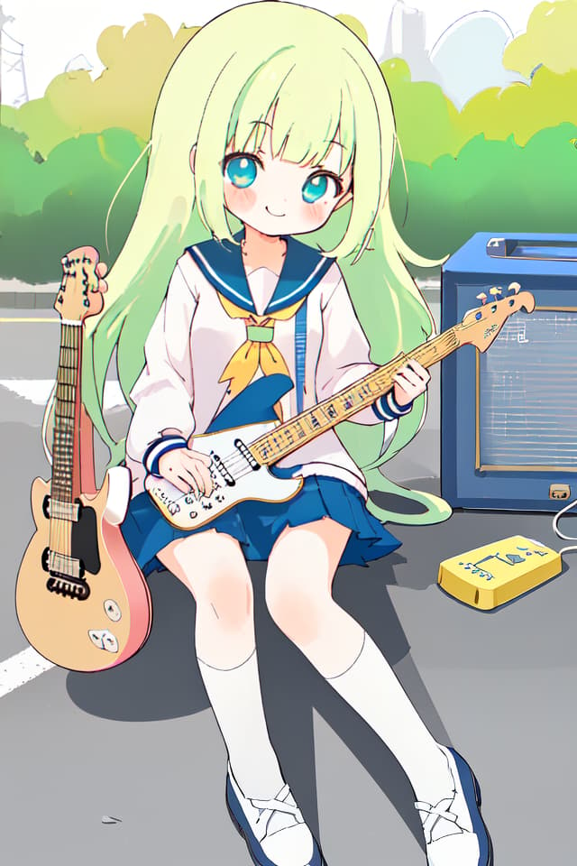  High school girl, mini character, cute, electric guitar, long hair, hanging, sitting on the ground, sailor suit, smile, electric guitar