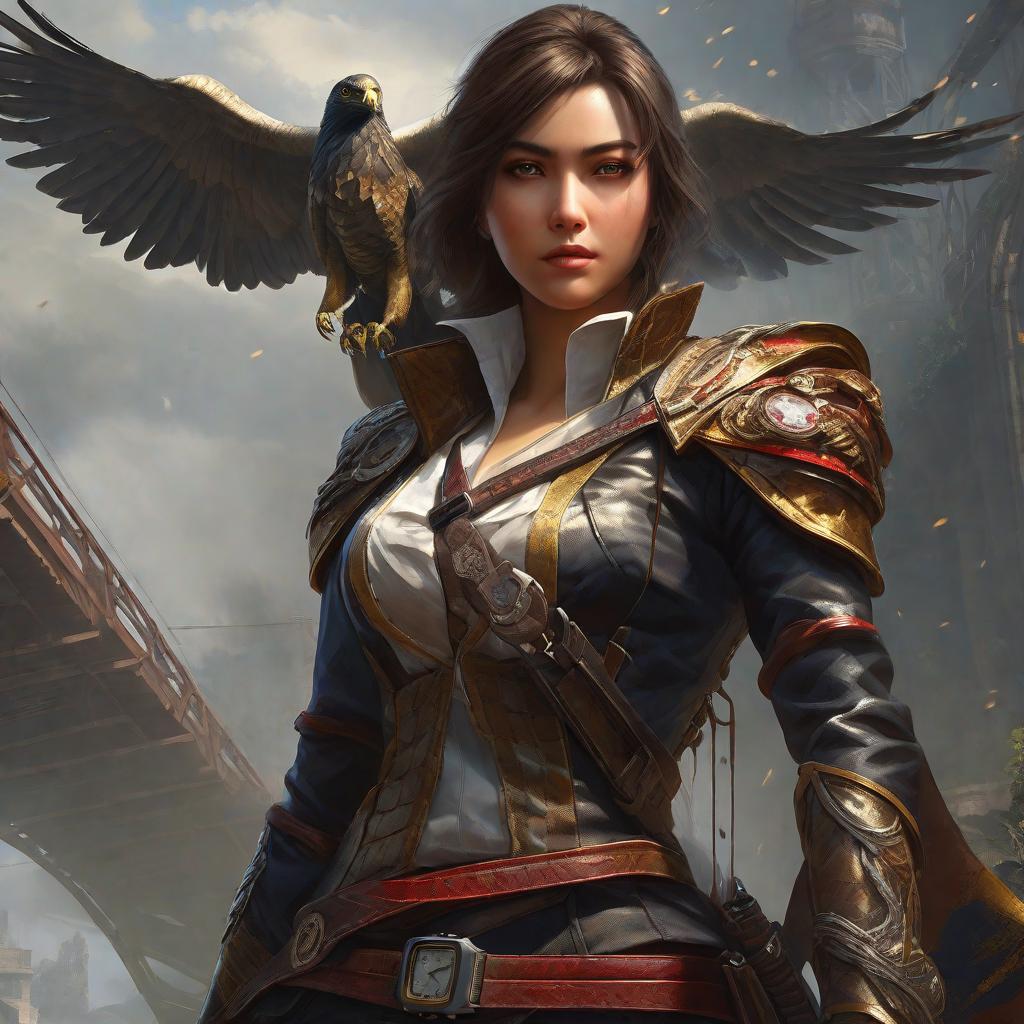  masterpiece, best quality,Thick painting, big perspective action, beautiful girl standing on the bridgehead, she wears snake eagle element clothes, high boots, wearing an electronic watch on her wrist. The atmosphere is mysterious, the angle of view looks up, highlighting the heroic character. Refer to the characters, scenes and styles in the game Blood Curse.