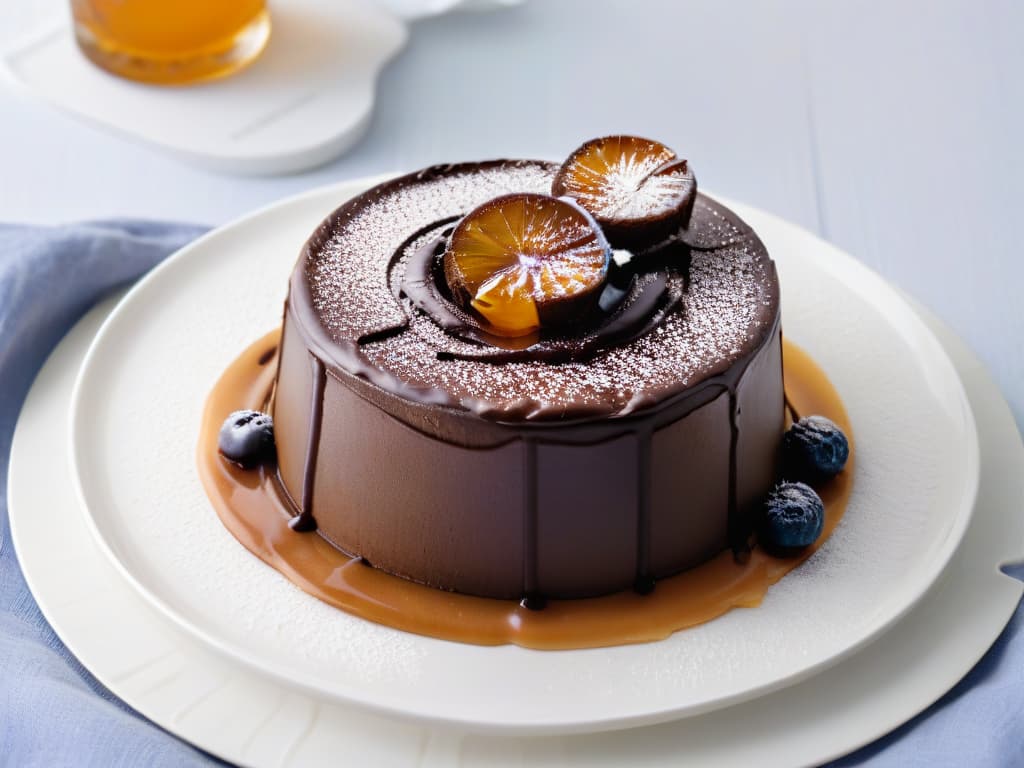  A closeup, ultradetailed photograph of a decadent chocolate lava cake on a simple, elegant white plate, drizzled with a glossy caramel sauce and dusted with a light sprinkling of fleur de sel. The cake is perfectly moist, with a rich molten center oozing out invitingly. The caramel sauce glistens under soft lighting, emphasizing the intricate swirls and reflections. Each crumb of the cake is visible, showcasing its velvety texture, while the contrast between the dark chocolate and golden caramel creates a visually striking composition that exudes sophistication and indulgence. hyperrealistic, full body, detailed clothing, highly detailed, cinematic lighting, stunningly beautiful, intricate, sharp focus, f/1. 8, 85mm, (centered image composition), (professionally color graded), ((bright soft diffused light)), volumetric fog, trending on instagram, trending on tumblr, HDR 4K, 8K