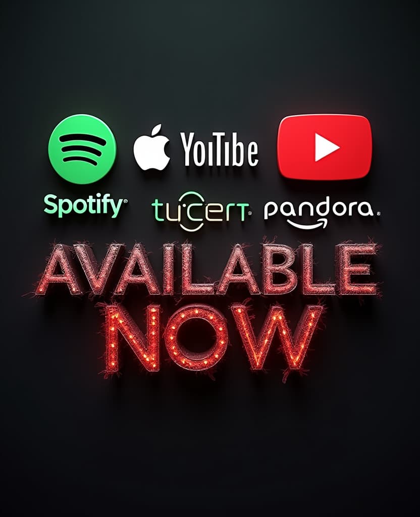  good quality, high quality, create an image with the logos in 3d of spotify, apple music, youtube, amazon music, deezer, pandora, tidal, napster. write the phrase "available now". the image must give an impression of hard rock music.