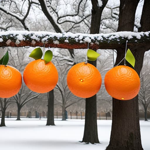  Group of oranges hanging from a tree in the snow