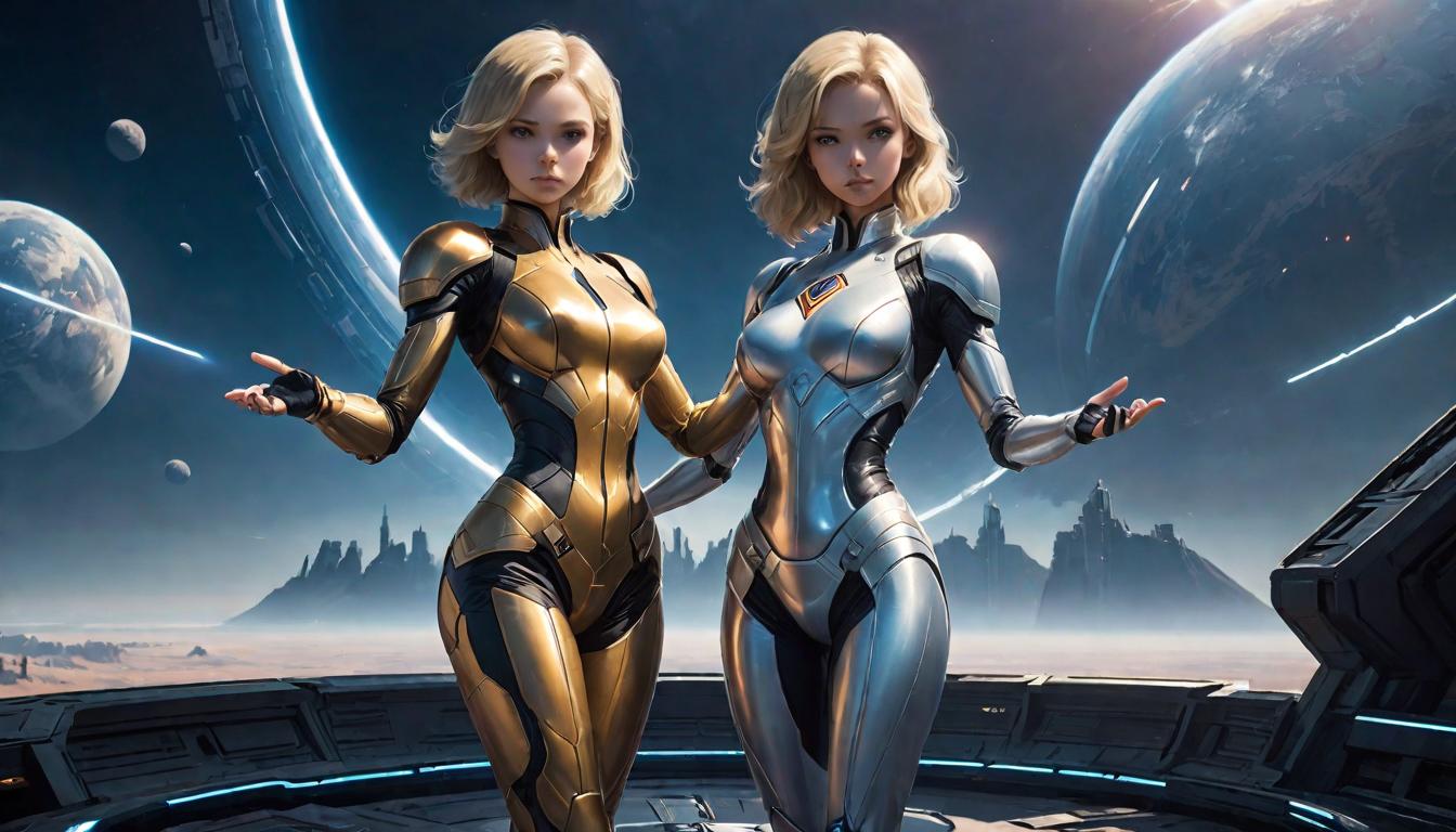  2girls, large busted attractive blonde arian female humanoids, standing on a platform overlooking Earth, holding hands, theme of unity and collective ascension, high tech clothing clad in sleek, futuristic costume with metallic accents and form fitting designs, marvel superhero comics style, unreal engine rendering