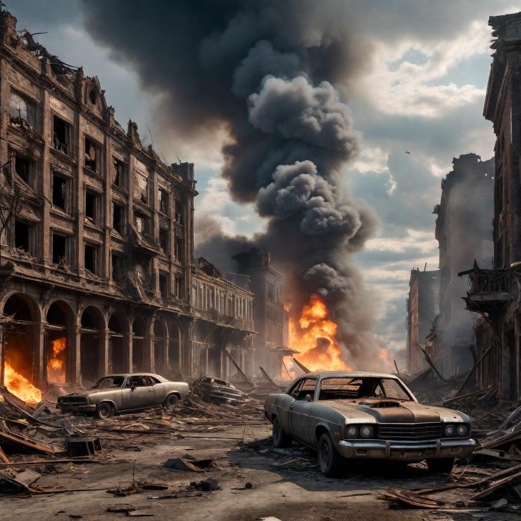  A scene depicting destruction and chaos, with buildings crumbling, fires blazing across the ruins, and clouds of smoke rising into a stormy sky. Debris scatters across the streets, and abandoned vehicles are overturned. The atmosphere is one of a post-apocalyptic setting. hyperrealistic, full body, detailed clothing, highly detailed, cinematic lighting, stunningly beautiful, intricate, sharp focus, f/1. 8, 85mm, (centered image composition), (professionally color graded), ((bright soft diffused light)), volumetric fog, trending on instagram, trending on tumblr, HDR 4K, 8K