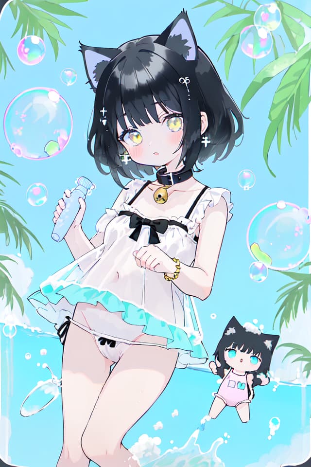  Gles, black hair, id, bells, collar, embarring, cat ears, swimwear, soap bubbles, pastel colors, big s