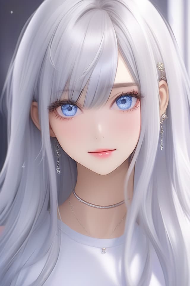  (Hairstyle where you can see your forehead in the middle) (Hair Parted in Center with Bangs) , Blue Eye Color, (Beautiful Silver Hair Parted in center) Long hair, Sainty Attire, High Quality, 8k