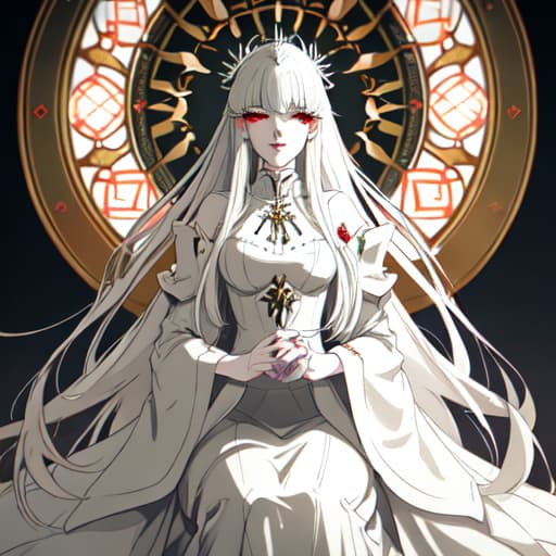  a girl manhua character with white hair and red eyes with white skin wearing noble dress and siting on the throne hyperrealistic, full body, detailed clothing, highly detailed, cinematic lighting, stunningly beautiful, intricate, sharp focus, f/1. 8, 85mm, (centered image composition), (professionally color graded), ((bright soft diffused light)), volumetric fog, trending on instagram, trending on tumblr, HDR 4K, 8K