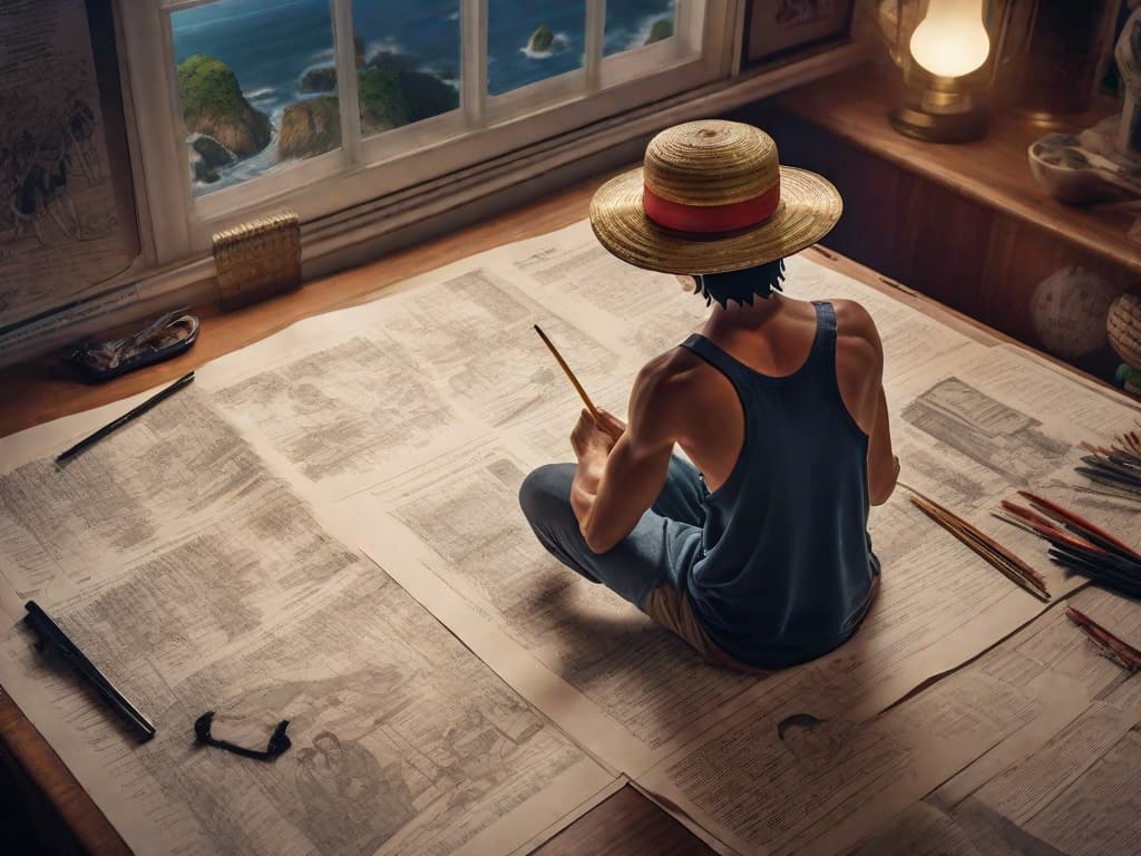  A vivid illustration of Matt Owens, surrounded by iconic One Piece characters, as he sketches out a storyboard. Luffy's straw hat prominently displayed, symbolizing the success he's shaped for the franchise.digital art, ilustration hyperrealistic, full body, detailed clothing, highly detailed, cinematic lighting, stunningly beautiful, intricate, sharp focus, f/1. 8, 85mm, (centered image composition), (professionally color graded), ((bright soft diffused light)), volumetric fog, trending on instagram, trending on tumblr, HDR 4K, 8K