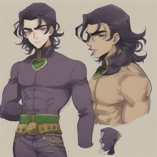  20 year old boy, with middle part style hair of medium long length light chocolate, light cream skin color skin, with light dark purple eyes, with few freckles in the nose area, slightly profiled nose influenced by JoJos art style with a muscular body, designer clothing