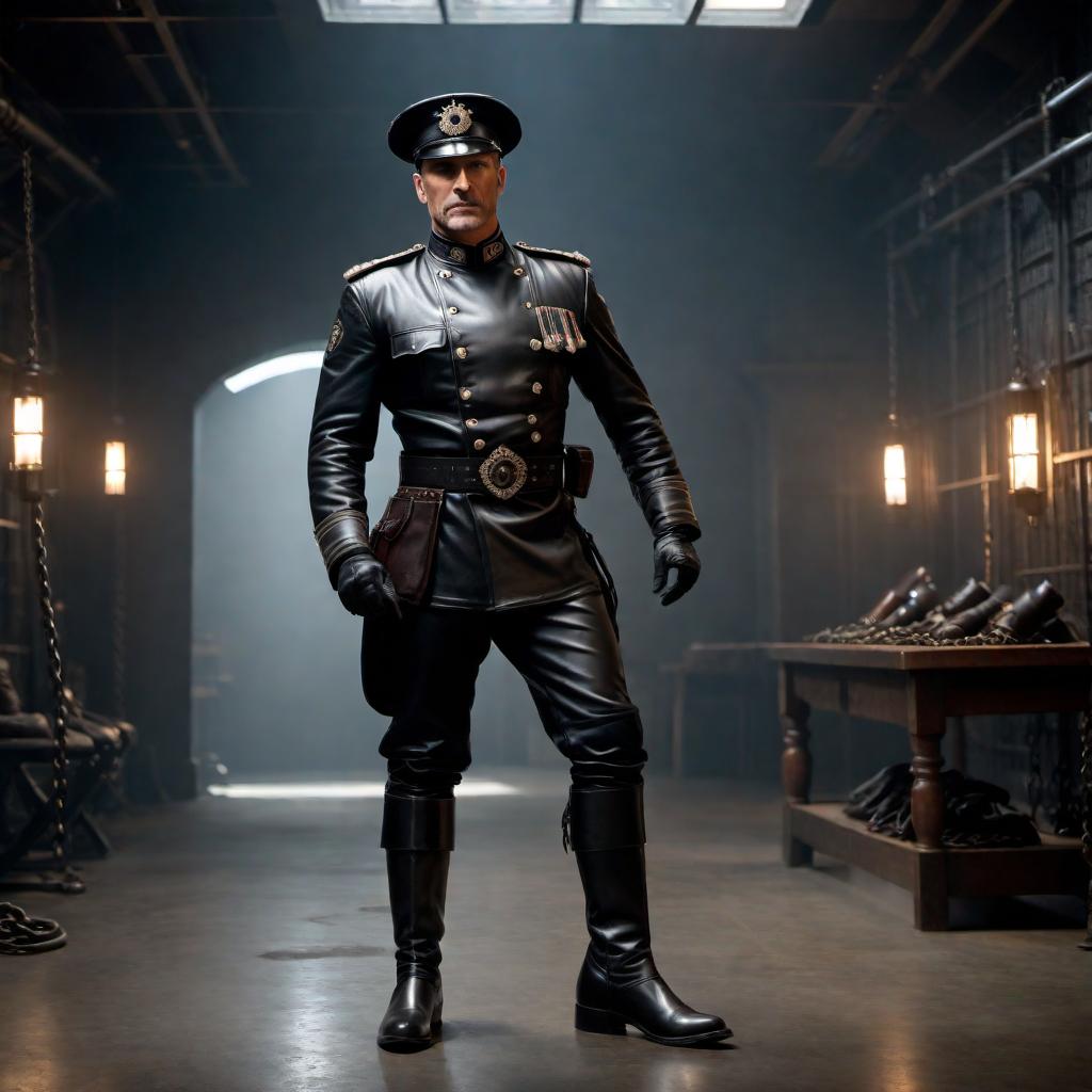  A high-ranking officer smirking while wearing a black leather uniform with breeches trousers, black leather gloves, a black Muir cap, and riding boots. The officer is standing in a dimly lit torture room and is pointing down towards the floor with their finger. The background includes dark, ominous elements such as chains, shackles, and an overall menacing atmosphere. hyperrealistic, full body, detailed clothing, highly detailed, cinematic lighting, stunningly beautiful, intricate, sharp focus, f/1. 8, 85mm, (centered image composition), (professionally color graded), ((bright soft diffused light)), volumetric fog, trending on instagram, trending on tumblr, HDR 4K, 8K