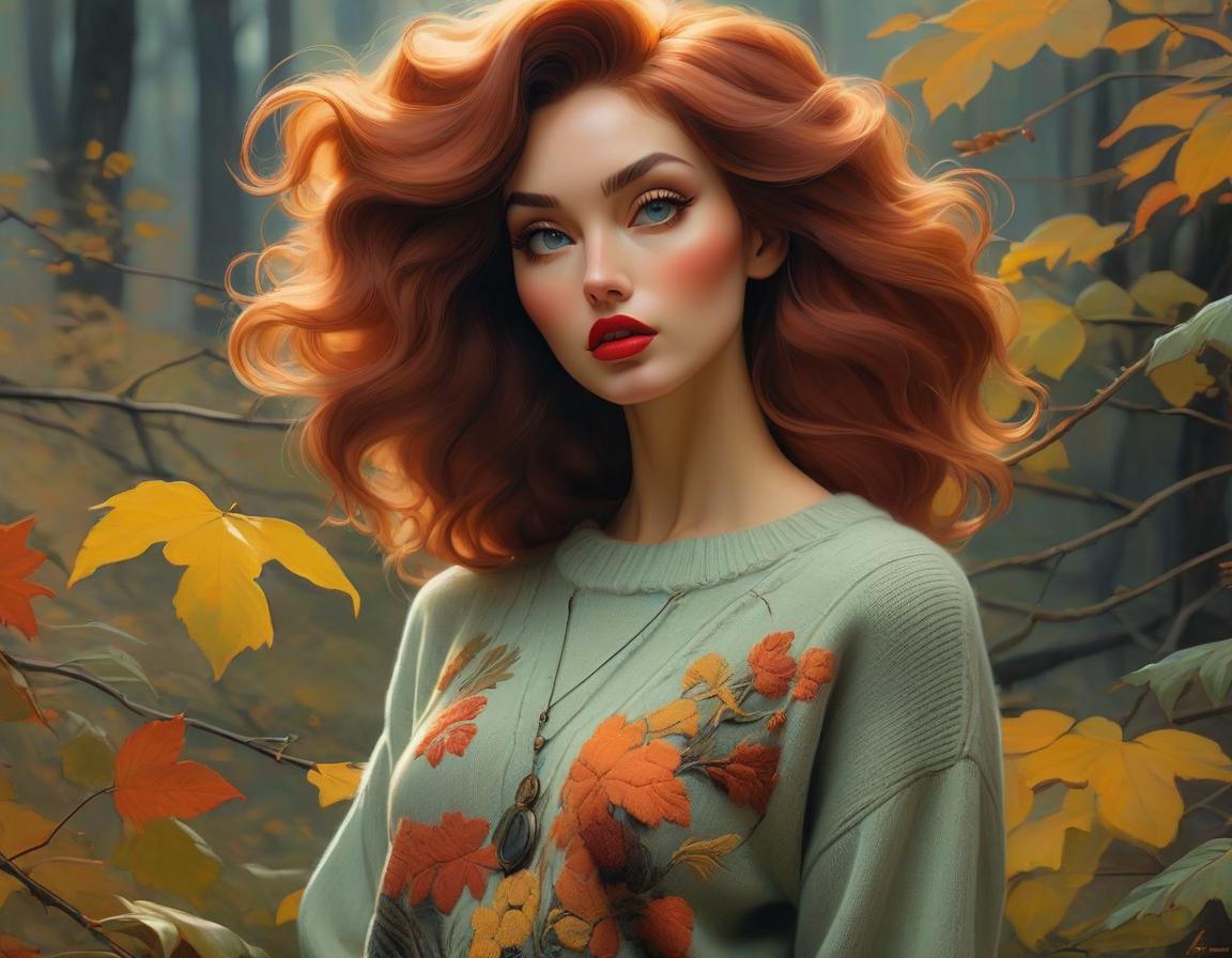  surrealist art Sweater . Oil painting by Malcolm Liepke. autumn colors, cozy oversized sweater, flowing hair, intricate details, rich textures, masterful use of light and shadow, contemporary art . dreamlike, mysterious, , symbolic, intricate, detailed hyperrealistic, full body, detailed clothing, highly detailed, cinematic lighting, stunningly beautiful, intricate, sharp focus, f/1. 8, 85mm, (centered image composition), (professionally color graded), ((bright soft diffused light)), volumetric fog, trending on instagram, trending on tumblr, HDR 4K, 8K