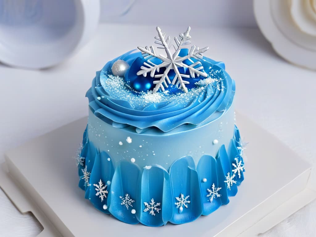  A closeup, ultradetailed image of a dazzling cupcake decorated with intricate blue and silver fondant snowflakes, shimmering edible glitter, and a miniature edible image of Queen Elsa from Disney's Frozen, all set against a pristine white backdrop with subtle icy sparkles. hyperrealistic, full body, detailed clothing, highly detailed, cinematic lighting, stunningly beautiful, intricate, sharp focus, f/1. 8, 85mm, (centered image composition), (professionally color graded), ((bright soft diffused light)), volumetric fog, trending on instagram, trending on tumblr, HDR 4K, 8K