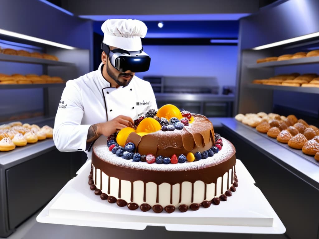  A photorealistic image of a professional pastry chef wearing a virtual reality headset, surrounded by a virtual kitchen filled with intricate baking tools and ingredients. The chef is focused and concentrated, skillfully decorating a multitiered cake with precision and artistry, showcasing the seamless integration of virtual reality technology with complex pastry techniques. The scene exudes an inspiring and futuristic ambiance, highlighting the innovative use of VR in mastering intricate pastry skills. hyperrealistic, full body, detailed clothing, highly detailed, cinematic lighting, stunningly beautiful, intricate, sharp focus, f/1. 8, 85mm, (centered image composition), (professionally color graded), ((bright soft diffused light)), volumetric fog, trending on instagram, trending on tumblr, HDR 4K, 8K