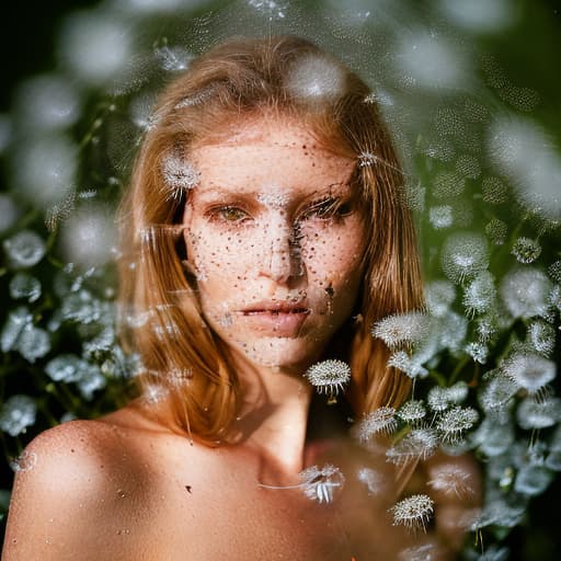 portrait+ style  in a transparent micro made of dandelions, naturism