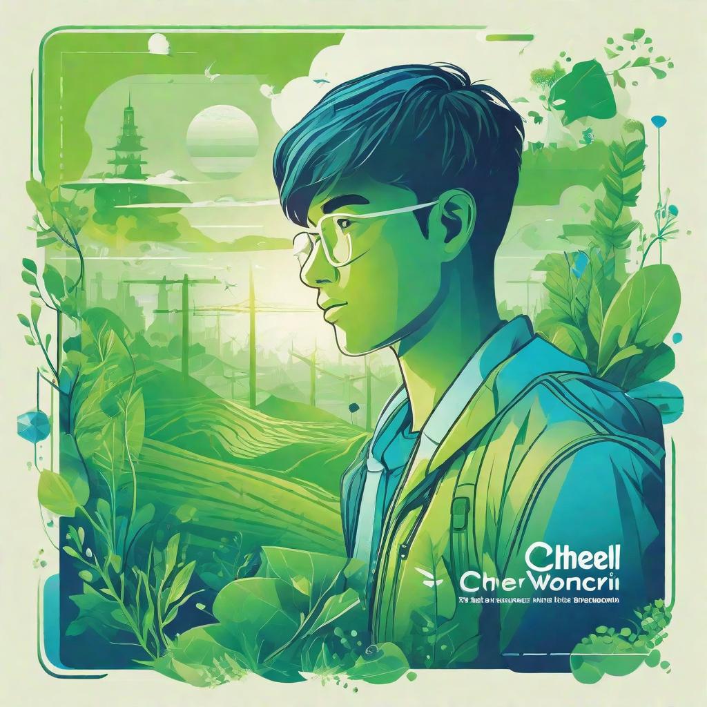  masterpiece, best quality,Background design: fresh green and blue gradient, representing harmony between nature and society. Core image design: a young man occupies the right half of the picture facing left, organizing an online environmental campaign through the network of Wopi. He uses smart devices to present his environmental projects, and the screen displays the slogan "cheer for the earth".