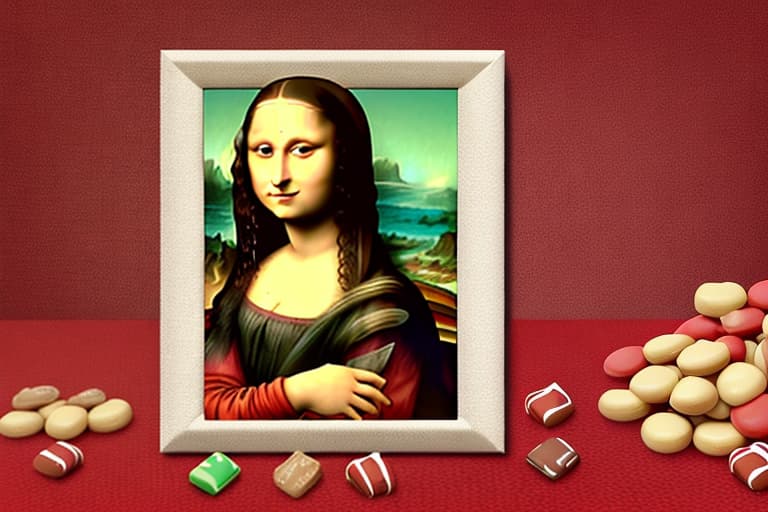  The Mona Lisa holding a white plate of fine dark chocolate candy pieces in red candy cups. Background Mona Lisa’s painting background that is expanded and enlarged. Painted in the style of Leonardo Da Vinci