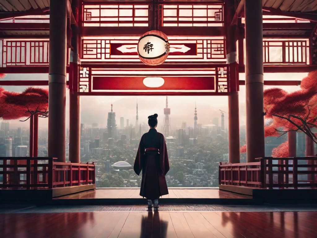  A futuristic city skyline with a blend of traditional Japanese architecture, symbolizing the integration of advanced technology and cultural heritage in Japan's leadership in international AI regulations. digital art, ilustration, no flares, clean hyperrealistic, full body, detailed clothing, highly detailed, cinematic lighting, stunningly beautiful, intricate, sharp focus, f/1. 8, 85mm, (centered image composition), (professionally color graded), ((bright soft diffused light)), volumetric fog, trending on instagram, trending on tumblr, HDR 4K, 8K