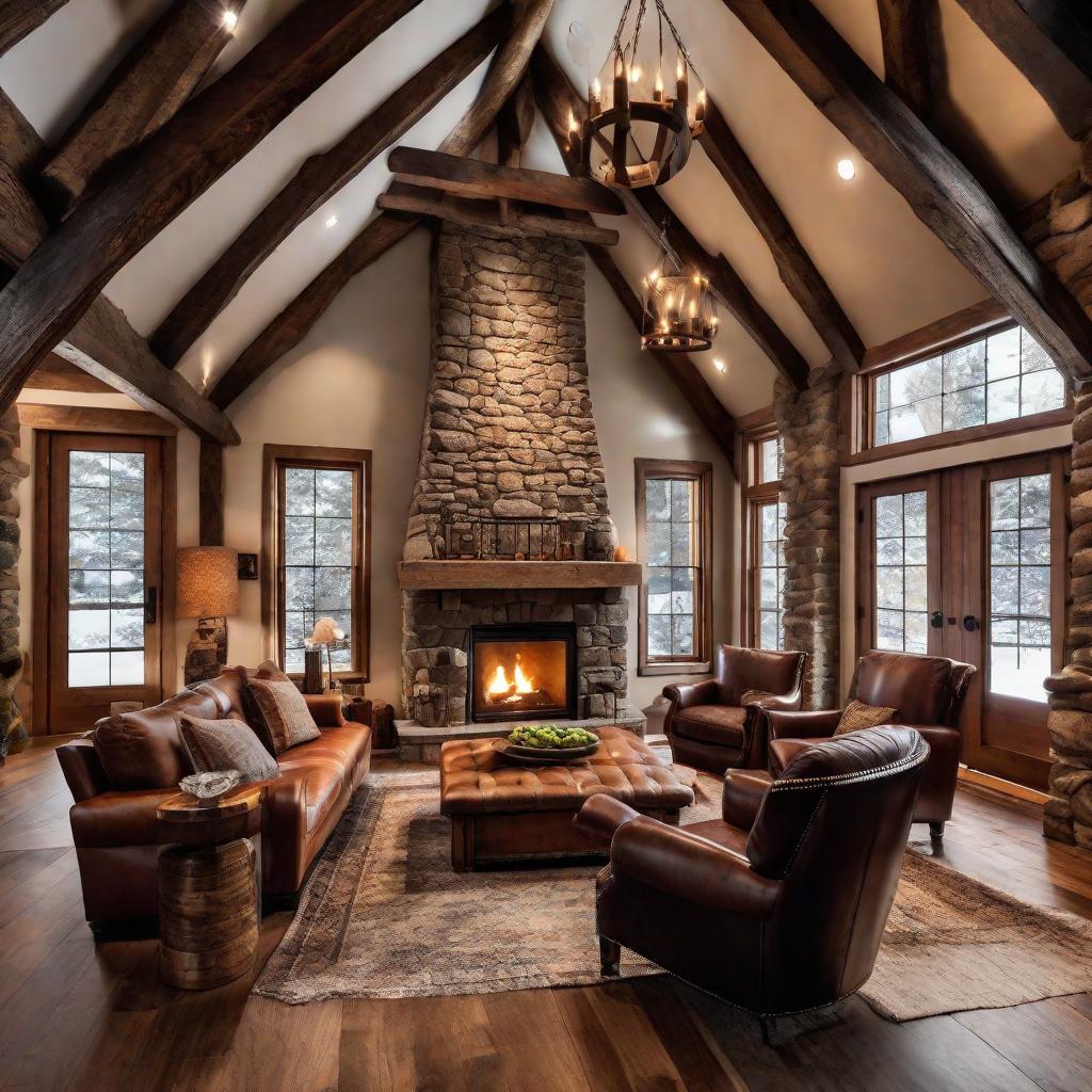   Design a cozy den with exposed wooden beams, a stone fireplace, and leather armchairs for a refined yet rustic feel. 8k, cinematic lighting, HDR