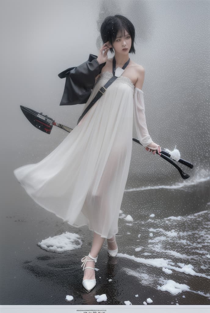  (anime bob cut ( hair:1.3)),slim body, holding a weapon, torn white dress, white decorations, bare shoulders, bare , fighting with big demons, strong snowy ,poses Dynamic, miraculous storms and rain, strong winds,white shoe , spark floating waters,ADVERTISING PHOTO,high quality, good proportion, masterpiece ,, The image is captured with an 8k camera and edited using the latest digital tools to produce a flawless final result.