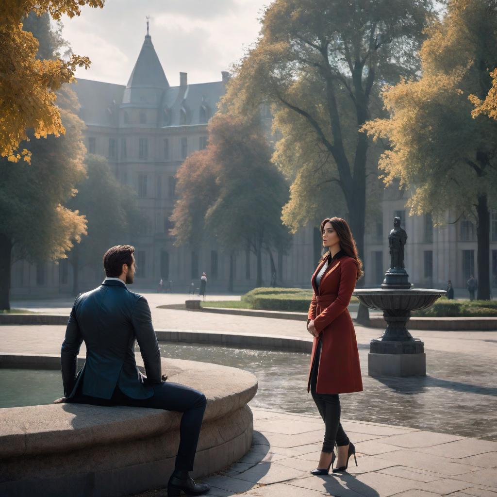  INT. UNIVERSITY CAMPUS - DAY A dormant fountain in the center of the quadrangle sets the scene where Sheila and Greg stand facing each other. There is a tempest of emotions reflected in their expressions, a mix of regret, longing, and unresolved tension. The environment is deserted, enhancing the sense of isolation between them. Greg's posture reflects a man struggling for composure, his voice a faint whisper as he initiates a conversation. Sheila, with an icy guard up, stands rigid, her back partly turned, indicating her reluctance to engage. The air is thick with unspoken words, and the distance between them is palpable despite the physical proximity. A sense of finality looms over their interaction. The campus is quiet, and the unactivat hyperrealistic, full body, detailed clothing, highly detailed, cinematic lighting, stunningly beautiful, intricate, sharp focus, f/1. 8, 85mm, (centered image composition), (professionally color graded), ((bright soft diffused light)), volumetric fog, trending on instagram, trending on tumblr, HDR 4K, 8K