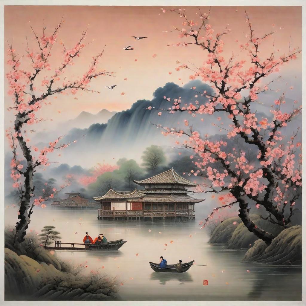  masterpiece, best quality,Make a painting with the theme of "peach blossoms blowing down at night, Zi Gui chirping endlessly. Always sad and laughing, lonely and melancholy tears like rain."