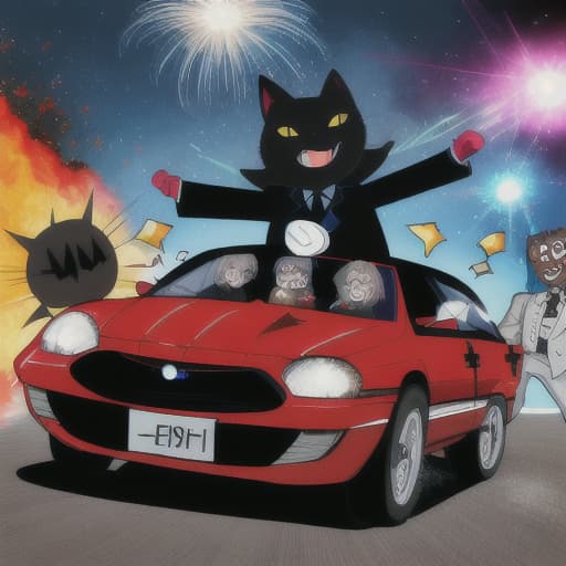  car crash, explosion, Evel grin in the sky, business suit, black cat, Lazers