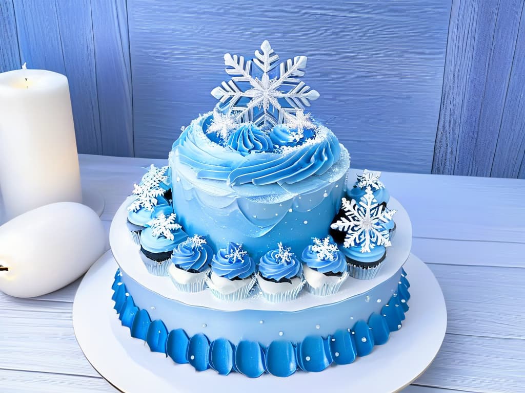  A beautifully detailed image of a mesmerizing cupcake display inspired by Elsa from Disney's Frozen. The cupcakes are intricately decorated with delicate snowflake patterns, shimmering blue and silver frosting, and topped with edible sparkling snowflakes. The display includes a mix of regular and mini cupcakes arranged on a tiered stand, with a frosty winter backdrop featuring icicles and snowflakes to enhance the magical Frozen theme. This image is sure to captivate readers and inspire them to create their own enchanting Elsathemed cupcakes for a themed party. hyperrealistic, full body, detailed clothing, highly detailed, cinematic lighting, stunningly beautiful, intricate, sharp focus, f/1. 8, 85mm, (centered image composition), (professionally color graded), ((bright soft diffused light)), volumetric fog, trending on instagram, trending on tumblr, HDR 4K, 8K